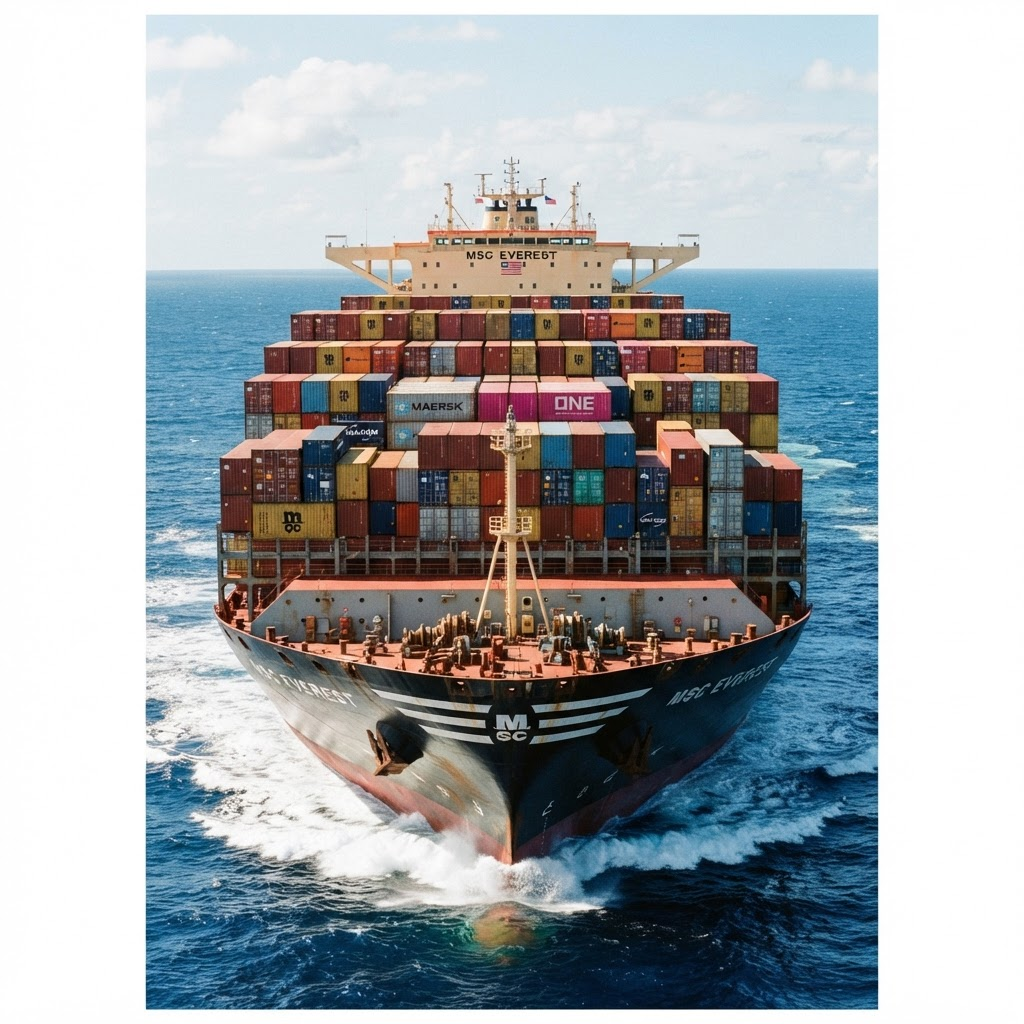 Container ship loaded with cargo containers at sea