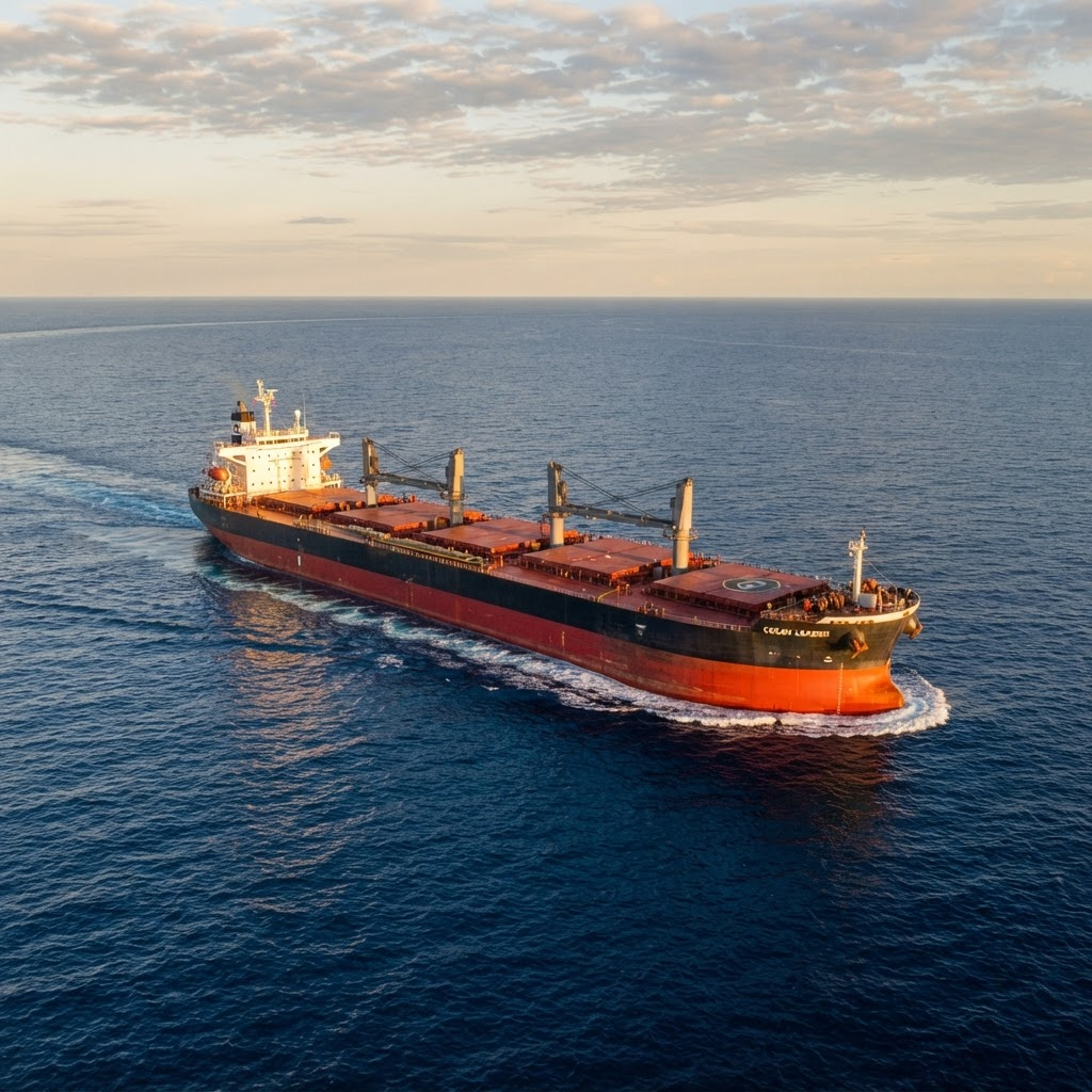 Aerial view of a bulk carrier ship sailing across the ocean