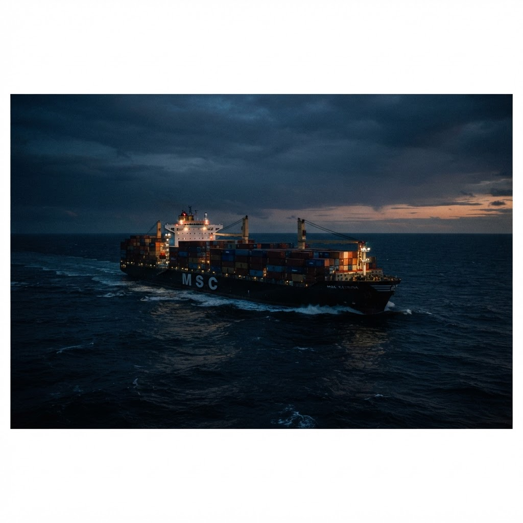 Cargo ship at sea at dusk